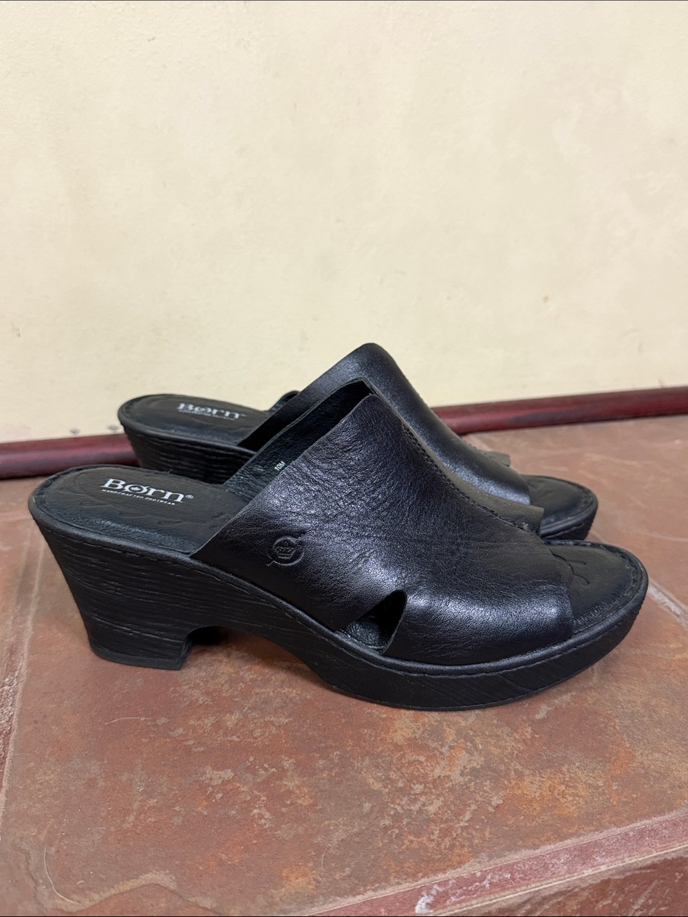 Born Crato Black Leather Wedge Mules